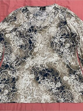 Navy, White and Tan Lace-Overlay Long Sleeve Top